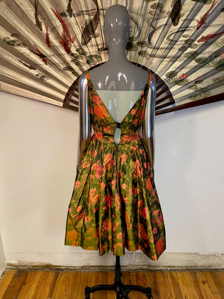 1950s Green Floral Print Evening Dress, XS