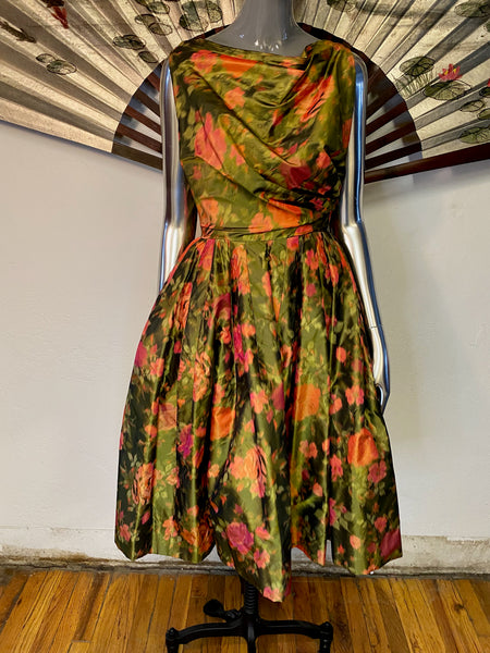 1950s Green Floral Print Evening Dress, XS