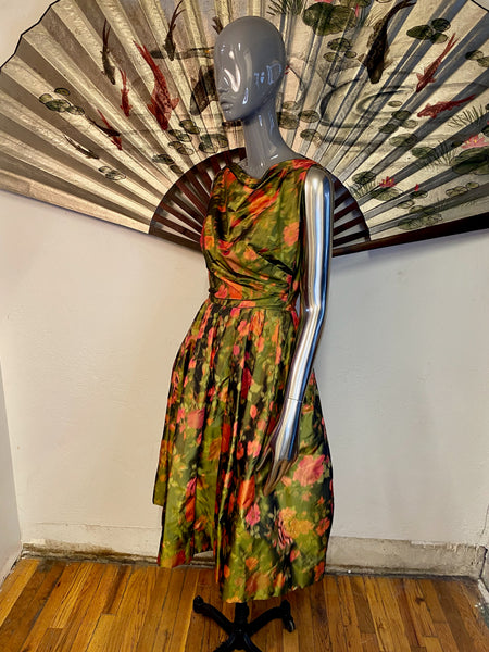 1950s Green Floral Print Evening Dress, XS