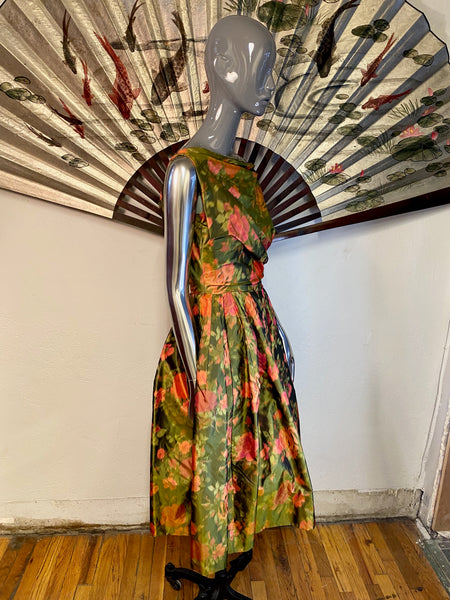 1950s Green Floral Print Evening Dress, XS