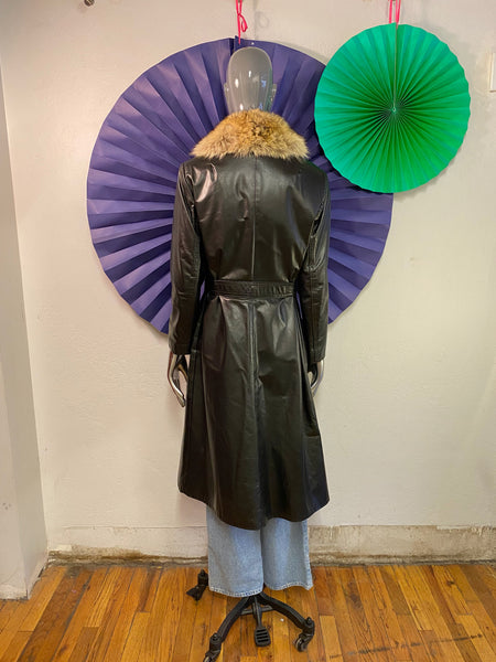 Long Leather Coat with Fur Collar, XS / S