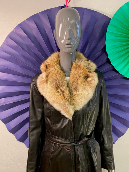 Long Leather Coat with Fur Collar, XS / S
