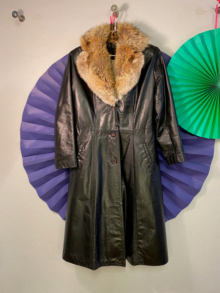 Long Leather Coat with Fur Collar, XS / S