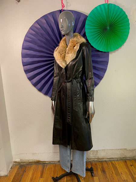 Long Leather Coat with Fur Collar, XS / S