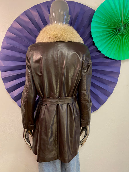 Short Leather Coat with Fur Collar, XS / S