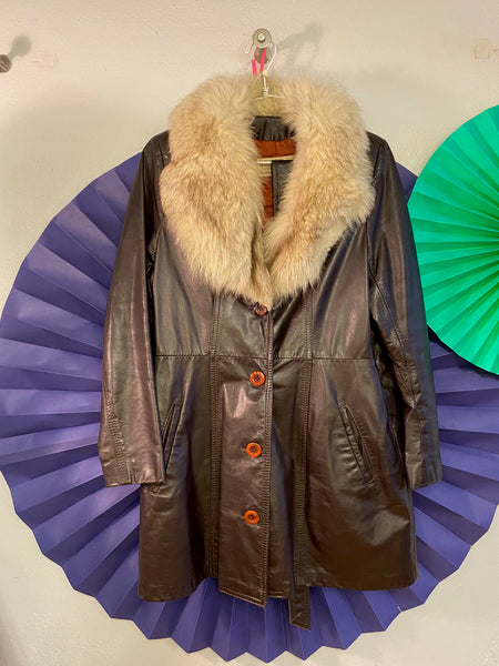 Short Leather Coat with Fur Collar, XS / S
