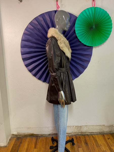 Short Leather Coat with Fur Collar, XS / S