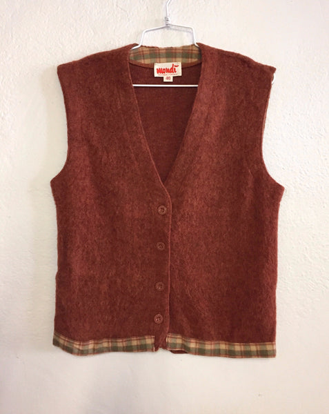 Wool Button Front Vest w/ Plaid trim, M