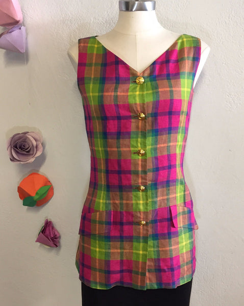 Plaid Linen Vest, S