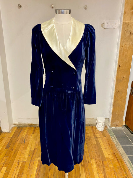 Blue Velvet Dress with Shawl Collar, S