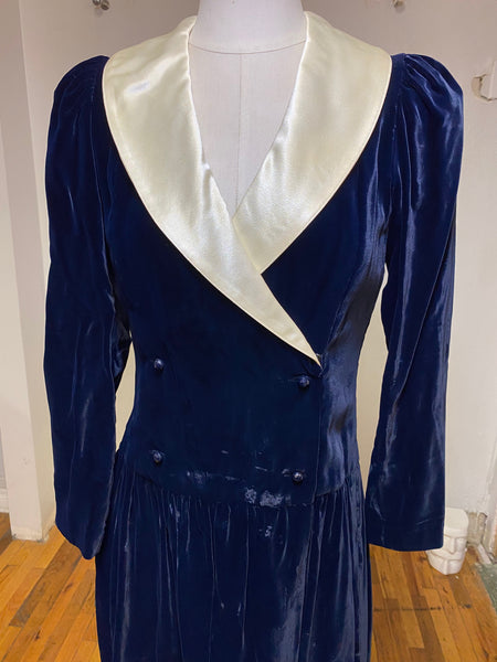 Blue Velvet Dress with Shawl Collar, S
