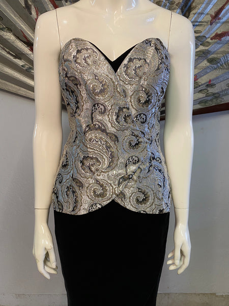 Strapless Brocade & Velvet Dress, L