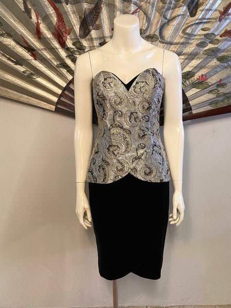 Strapless Brocade & Velvet Dress, L