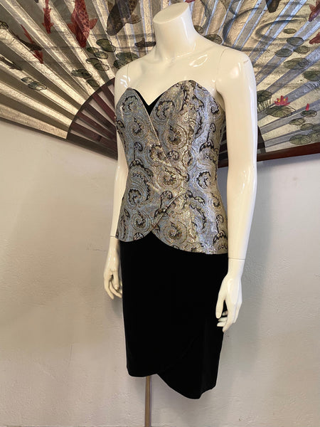 Strapless Brocade & Velvet Dress, L