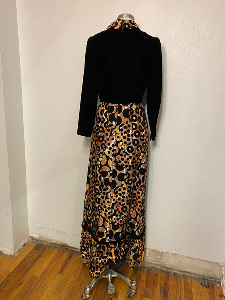 Velvet & Mixed Print Maxi Dress, S
