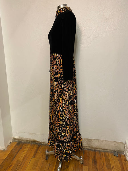 Velvet & Mixed Print Maxi Dress, S
