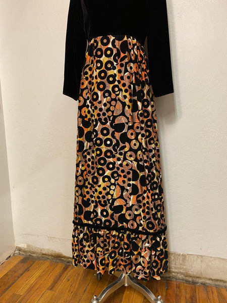 Velvet & Mixed Print Maxi Dress, S