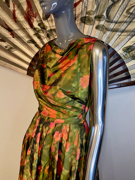 1950s Green Floral Print Evening Dress, XS