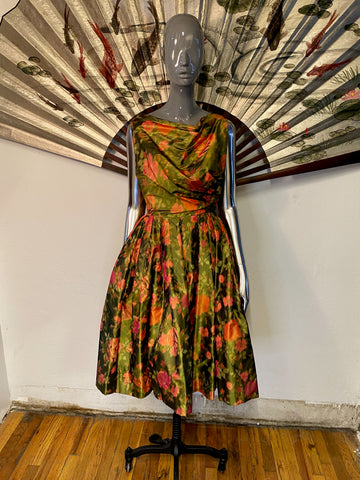 1950s Green Floral Print Evening Dress, XS