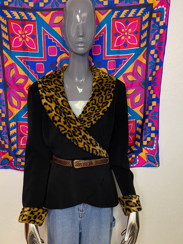 Alan Cherry Blazer with Leopard Faux Fur Trim, M