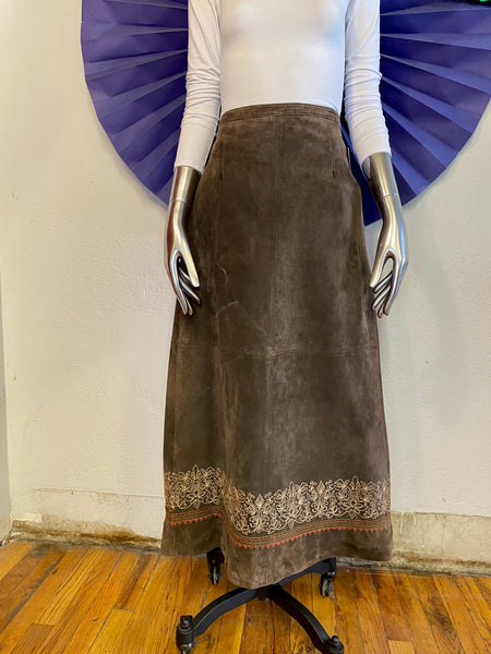 Embroidered Suede Maxi Skirt, W:  30.5"