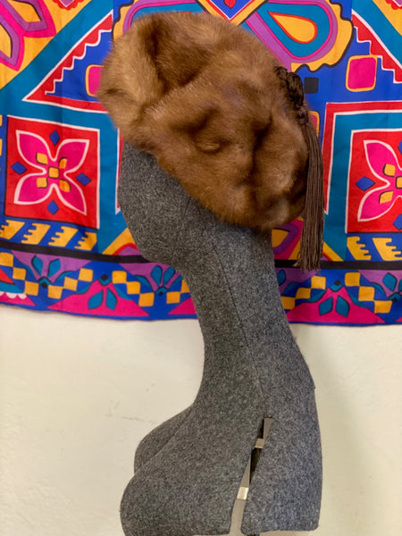 Vintage Fur Beret with Tassles, S