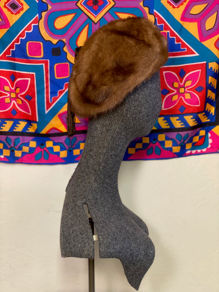 Vintage Fur Beret with Tassles, S