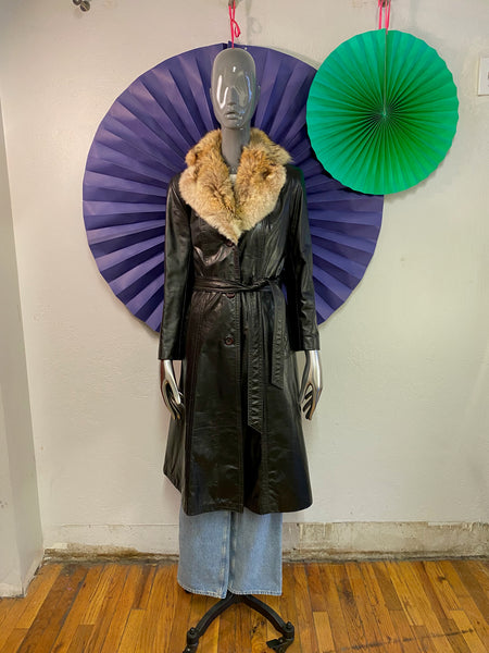 Long Leather Coat with Fur Collar, XS / S