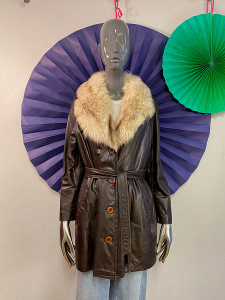 Short Leather Coat with Fur Collar, XS / S