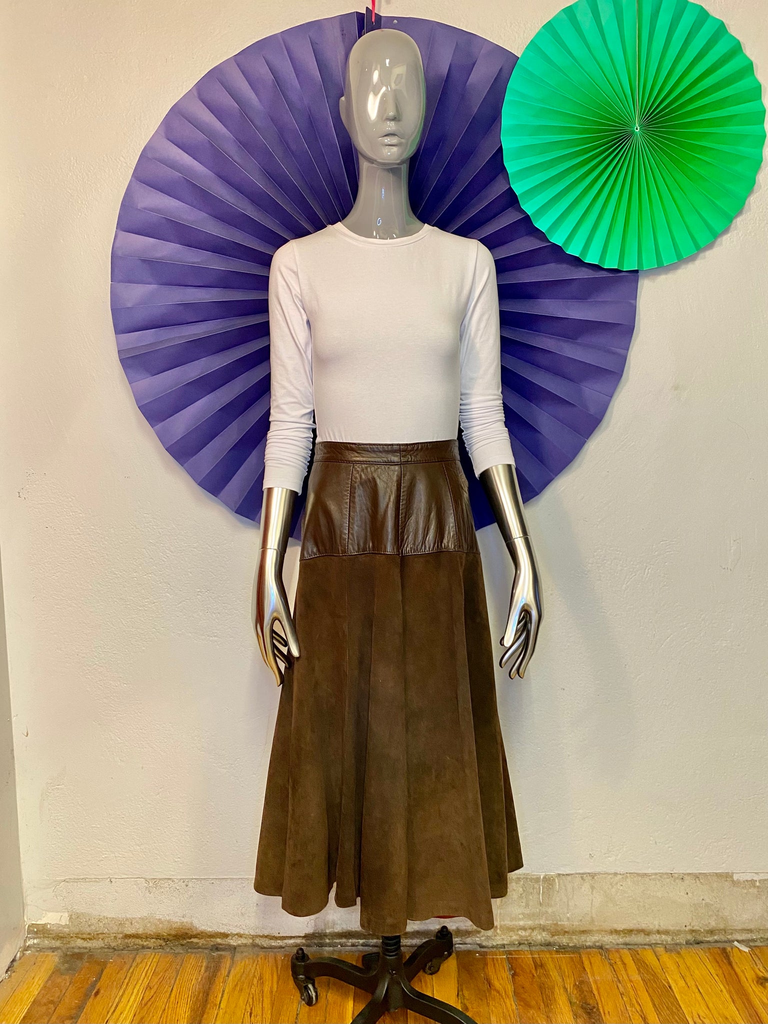 Suede & Leather Midi Skirt, W:  27.5"