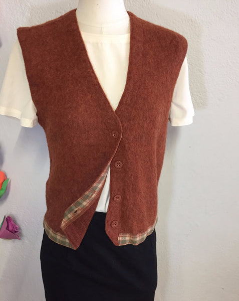 Wool Button Front Vest w/ Plaid trim, M