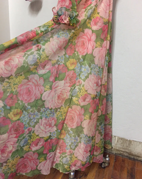 Ruffle Trim Floral Chiffon Maxi Dress, M