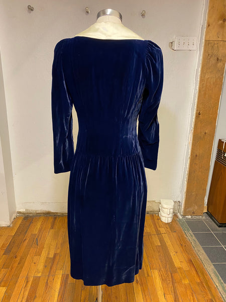 Blue Velvet Dress with Shawl Collar, S