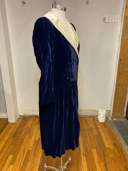 Blue Velvet Dress with Shawl Collar, S