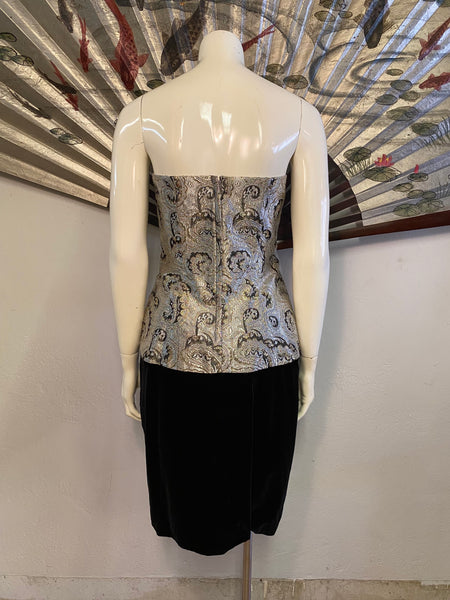 Strapless Brocade & Velvet Dress, L