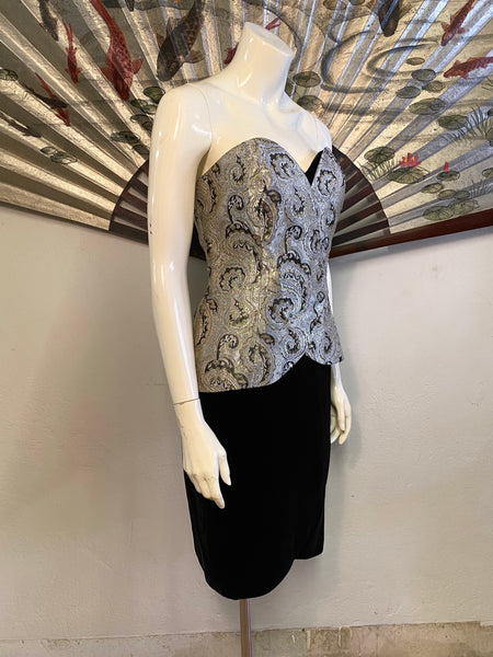 Strapless Brocade & Velvet Dress, L