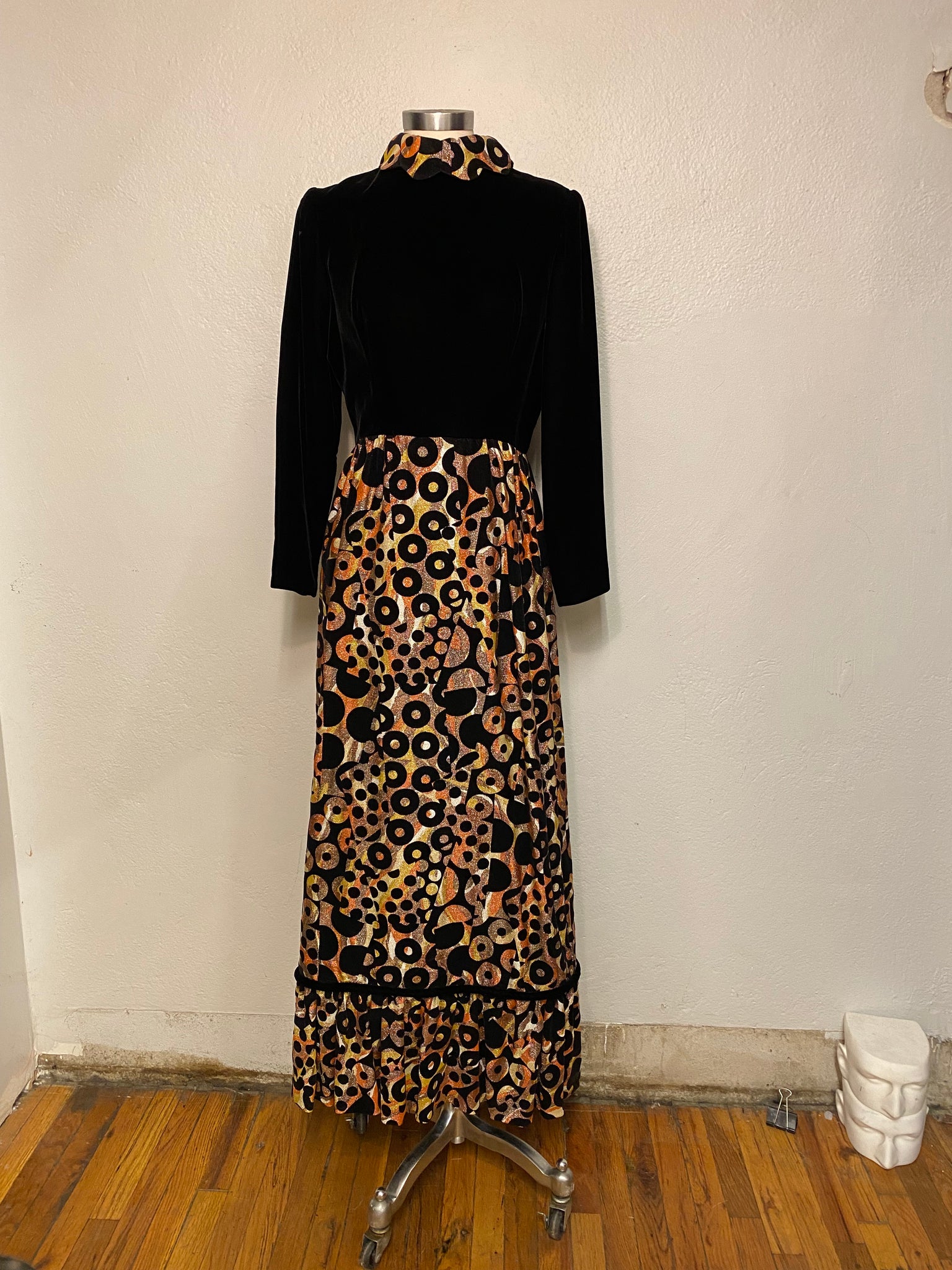 Velvet & Mixed Print Maxi Dress, S