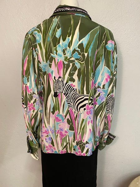 Floral & Zebra Print Silk Blouse, XL
