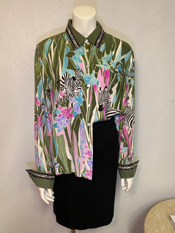 Floral & Zebra Print Silk Blouse, XL